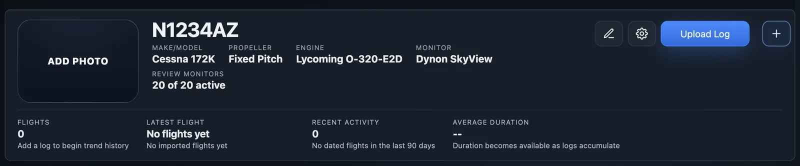 Aircraft workspace card with the review settings gear icon button